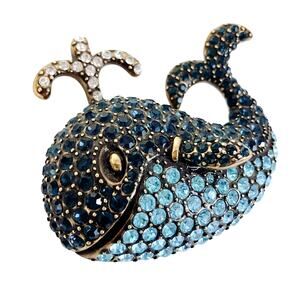 Whimsical Blue Rhinestone JTV Whale Brooch Figural Nautical Pin Y2K Jewelry